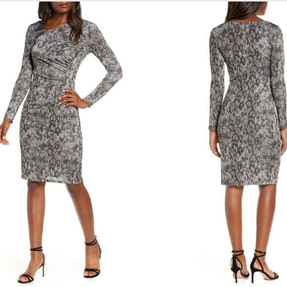 Vince Camuto Dresses & Skirts - NWT Vince Camuto Asymmetrical Neck Long Sleeve Ruched Dress Snakeskin